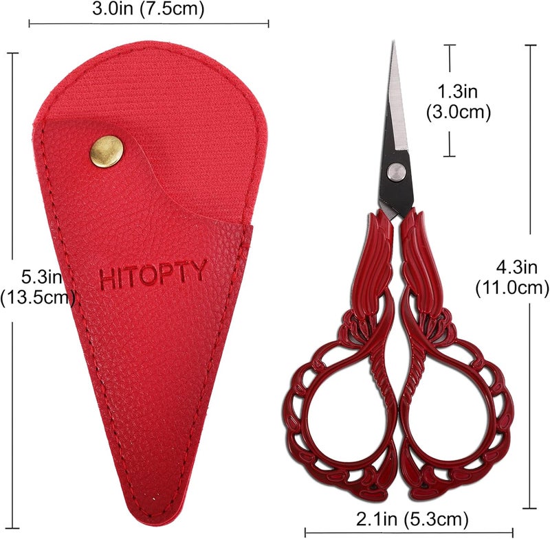 HITOPTY Sewing Embroidery Scissors with Cover, Sharp Threading Scissors for Needlework Craft Yarn Art Paper Detail Cutting, Straight Tip Little Snips Red Vintage - Image 2